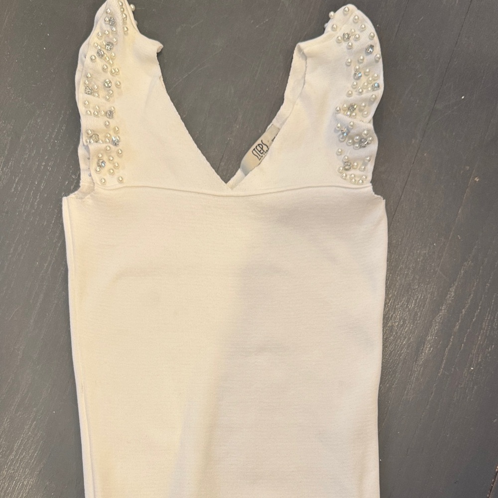 White Sleeveless Top with Pearl & Gem Details